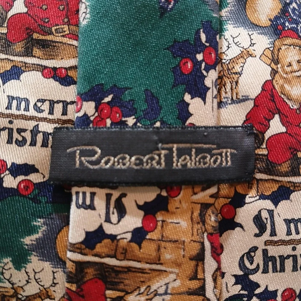 Robert Talbott‎ Silk Tie Mens Green Santa Merry Christmas Holiday Print Necktie